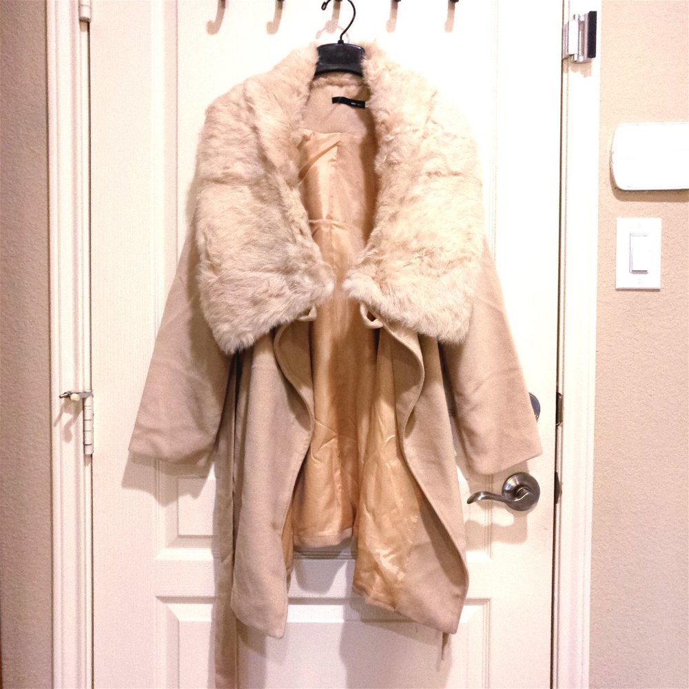 Real Full Rabbit Collar Wool Coat w Belt